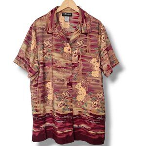 Sag Harbor Short Sleeve Button Down Shirt Size 2X Floral Collared Burgundy Tan